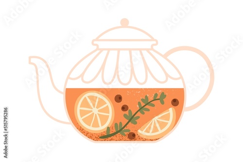 Herbal tea brewed in glass teapot with lemon, orange slices, healing herb and...
