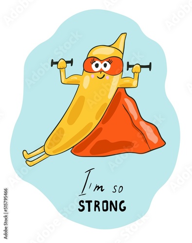 Funny banana character in mask  with big muscle