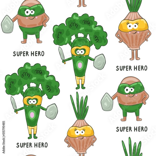 Kids seamless pattern with vegetable superhero