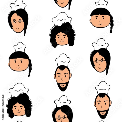 Seamless pattern with chef cook faces in doodle style