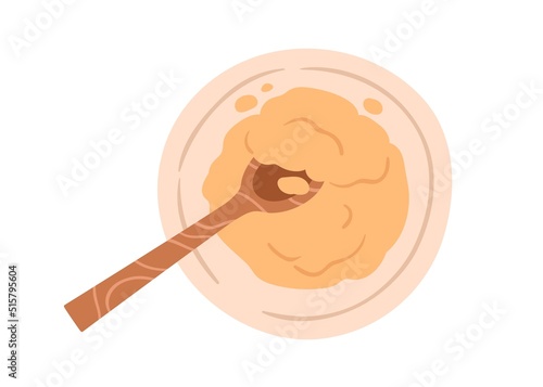 Healing powder from ground root of medicinal plant. Bowl of curcumin herb for homeopathy, naturopathy. Natural organic homeopathic remedy. Flat vector illustration isolated on white background