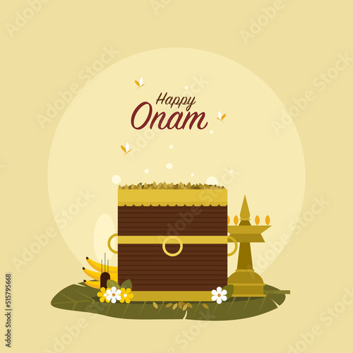 Illustration of a measuring cup filled with rice and other auspicious objects. Concept of prosperity of 'Onam' festival in Kerala