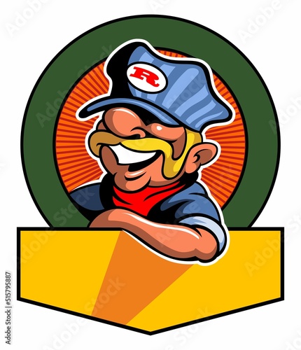 Vintage cartoon style train driver character, retro style vector railroad logo concept.