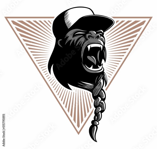 Roaring gorilla face with braided beard and baseball cap, animal logo design concept .