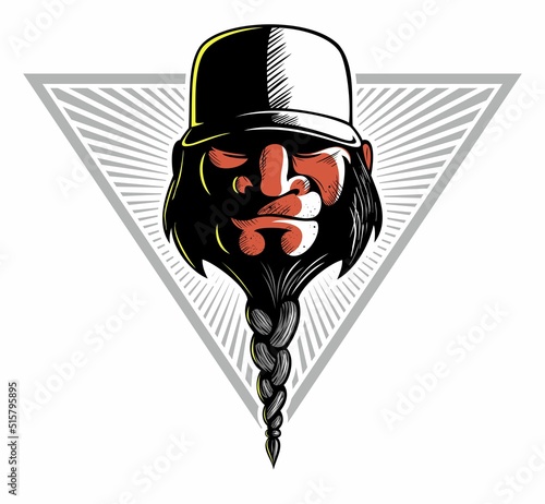 Brutal, strong man face with braided beard and baseball cap.
