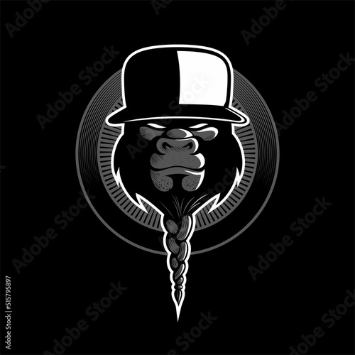 Brutal, strong man face with braided beard and baseball cap.
