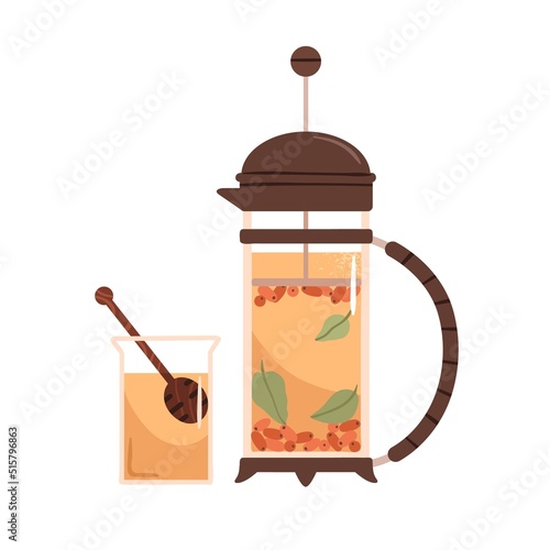 Hot sea-buckthorn tea brewed in glass teapot. Aromatic herbal fruit drink in French press pot with orange berries of seabuckthorn, leaf, honey. Flat vector illustration isolated on white background