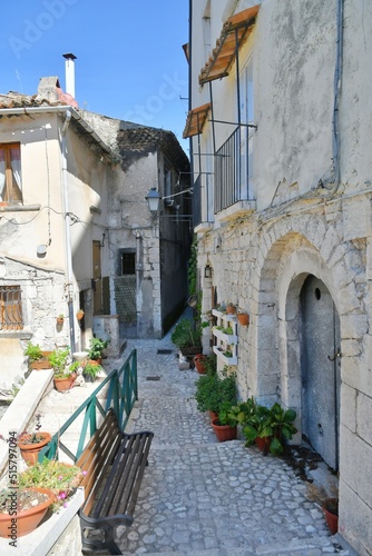 A narrow street between the old houses of Guardia Sanframondi  a village in the province of Benevento  Italy.  