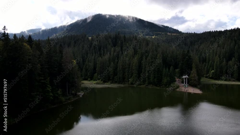 aerial view of synevyr lake cloudy weather aerial view of synevyr lake cloudy weather