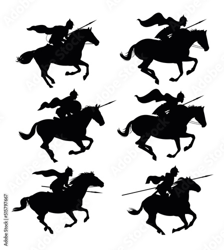 Knights are jumping. Object set. Scenery silhouette. Medieval warriors with spears and in armor ride horses. Isolated on white background. Vector