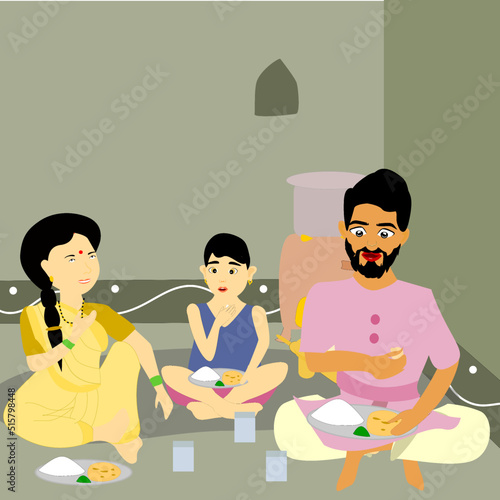 Vector of Indian rural family having lunchdinner in traditional way, Poor family concept.