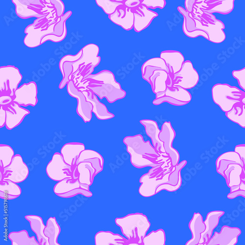 Simple seamless pattern with flowers oleander on blue background 