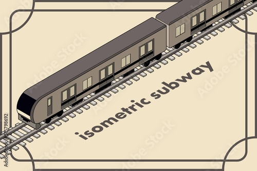 フレームで囲ったレールの上を走るアイソメトリックな地下鉄のモノクロイラスト.