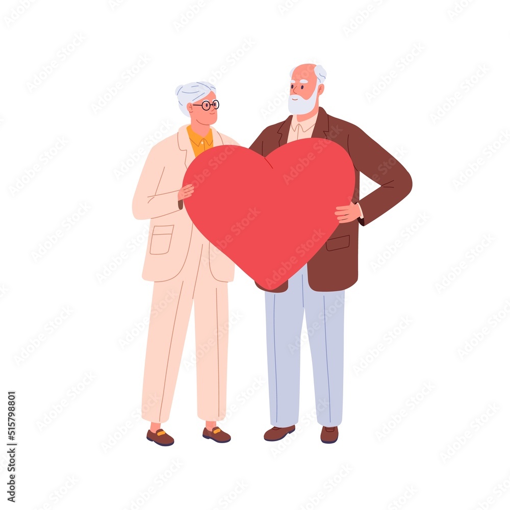 Senior love couple holding large heart in hands together. Elderly man and woman in romantic relationships. Happy old husband and wife. Flat graphic vector illustration isolated on white background Senior love couple holding large heart in hands together. Elderly man and woman in romantic relationships. Happy old husband and wife. Flat graphic vector illustration isolated on white background