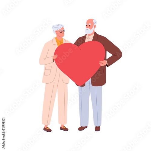 Senior love couple holding large heart in hands together. Elderly man and woman in romantic relationships. Happy old husband and wife. Flat graphic vector illustration isolated on white background