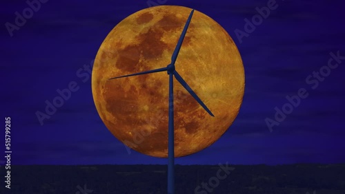 Wind turbine in moon light at night (4K).

Animation of rotating blades of windtubine with full moon as background at night. 
Full 4K animation and composit.
