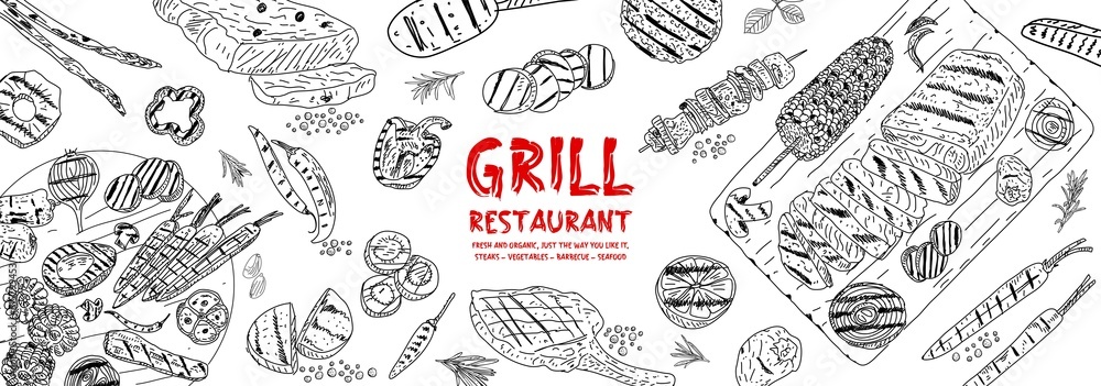 Grilled meat and vegetables poster. Food on the grill. Top view design. Hand drawn illustration. Restaurant menu design. Vector illustration.