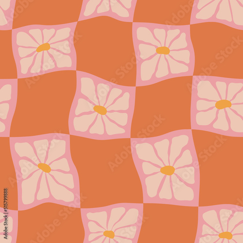 Groovy distorted checkered seamless pattern with daisy flowers. Cute pink trippy Y2K background. Abstract retro geometric print funky playful print.