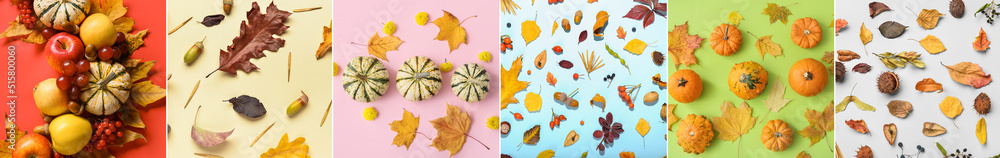 Collage with many autumn leaves, vegetables and fruits on colorful background, top view