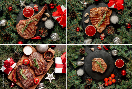 Photo collage.Christmas steaks on the grill on stone background