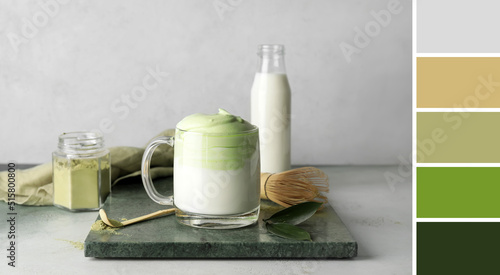 Composition with tasty dalgona matcha latte on light background. Different color patterns