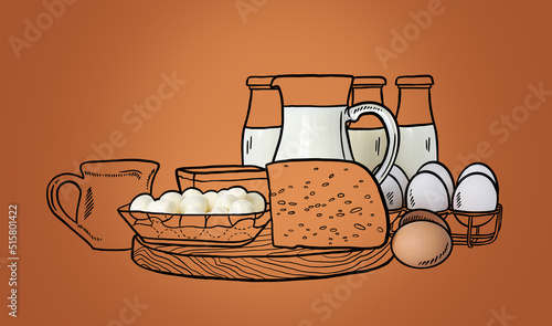 Different dairy products on color background photo