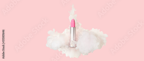 Lipstick in white smoke on pink background