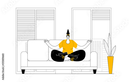 A woman in casual clothes meditates on a sofa in an office space. Vector two-color illustration on the theme of relaxation and balance at work.