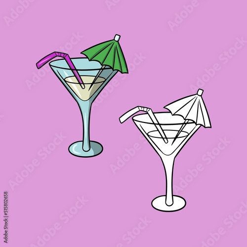 A set of pictures, a glass glass with juice, a martini, an elite drink decorated with a paper umbrella and tubes, vector