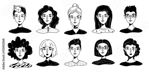 Woman portraits collection with various hair, clothes, style. Female character portraits in cartoon black and white outline style. Vector illustration of trendy young girls portraits