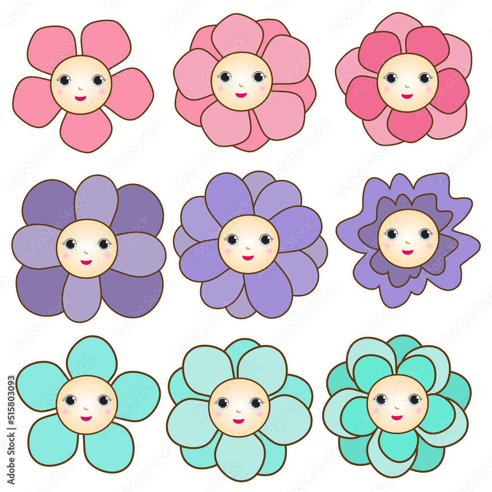 Fototapeta premium Colored flowers with cute smiling cartoon faces