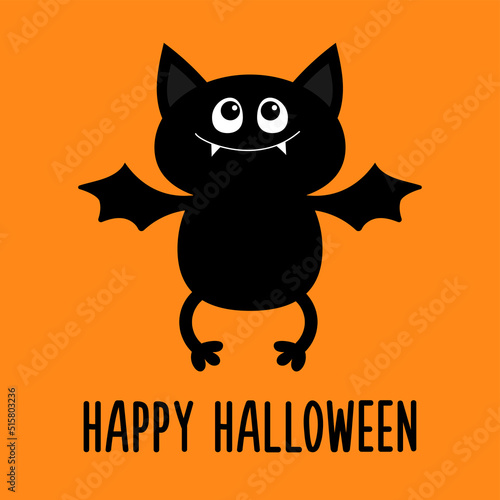 Happy Halloween. Bat flying. Cute cartoon kawaii funny baby animal charater. Black silhouette. Greeting card. Flat design. Orange background. Isolated.