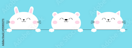 White cat kitty, kitten, bear cub bunny rabbit icon set. Cute kawaii animal. Cartoon baby character. Funny face head, paw hands. Kids print for poster, t-shirt cloth. Flat design. Blue background.
