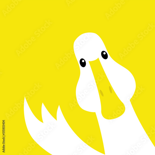 Goose Duck face head. Waving wing hand from the corner. Cute cartoon kawaii funny baby character. Flat design. Greeting card banner template. Isolated. Yellow background.