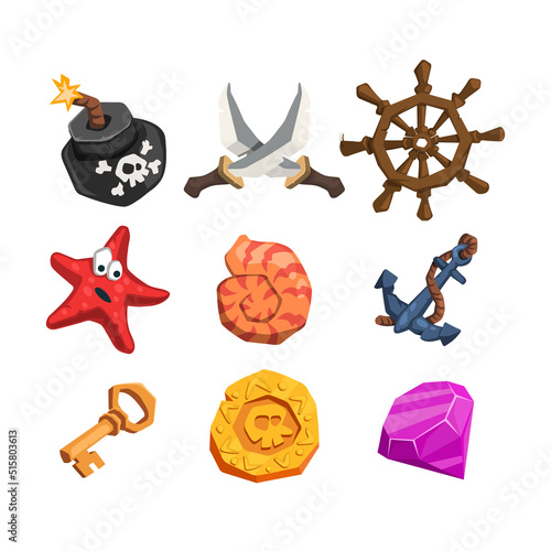 Cartoon pirate icon. Isolated marine signs. Sea adventure items for mobile game GUI. Coin, gem, bomb and wheel. Videgame clipart