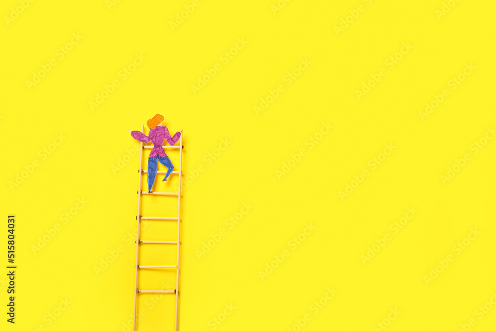 Wooden ladder with human figure on color background. Concept of progress Wooden ladder with human figure on color background. Concept of progress