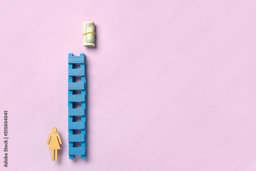 Ladder with dollar banknotes and human figure on color background. Concept of business growth Ladder with dollar banknotes and human figure on color background. Concept of business growth