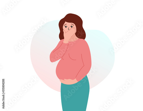 Pregnancy toxicosis. Morning sickness. Pregnant woman suffering from nausea and vomiting. Flat vector illustration