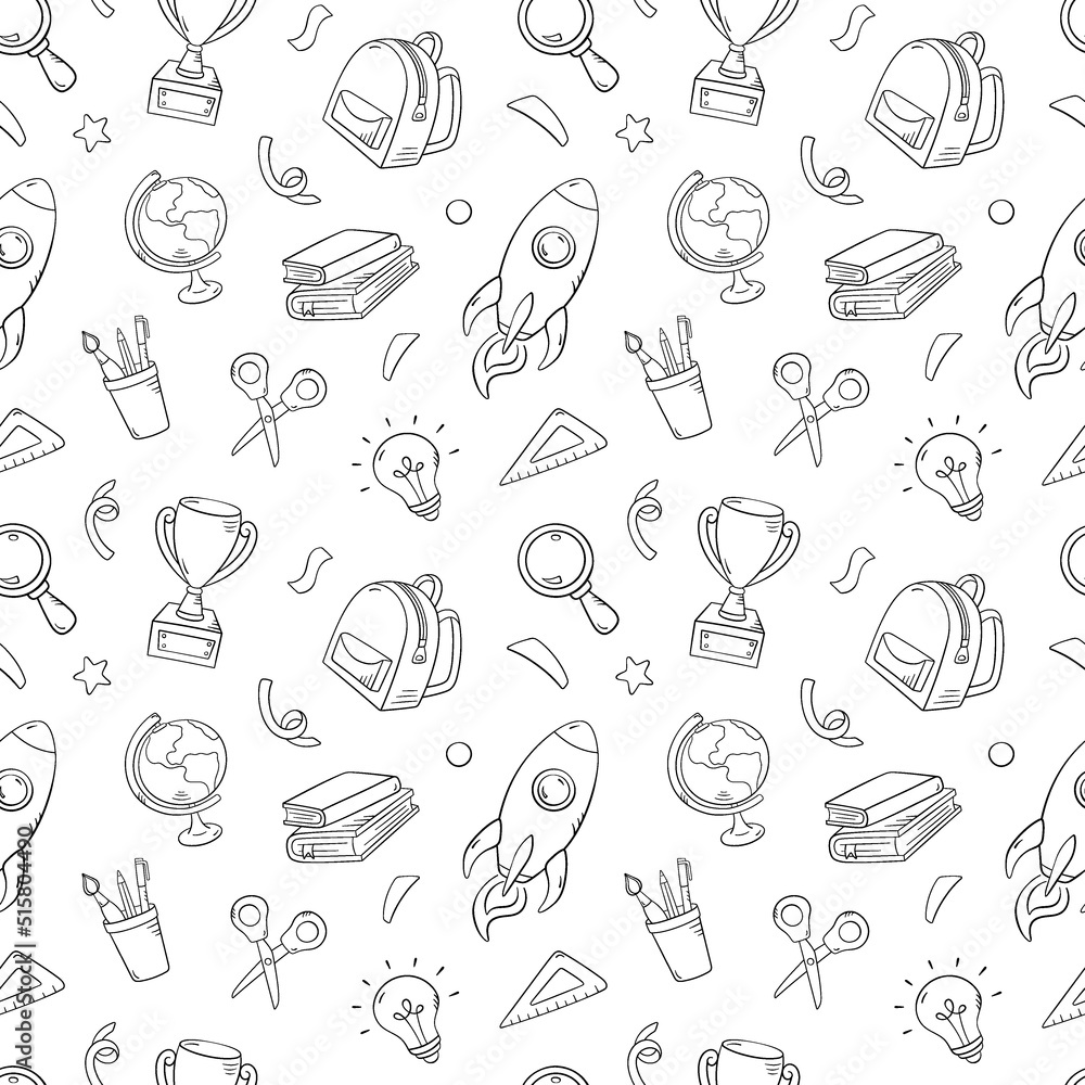 School seamless pattern in doodle style, vector illustration. Back to school concept, stationery symbols on white background. Pattern hand drawn for print and design online education