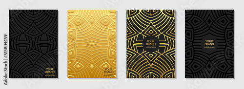 Set of unique covers, vertical vector templates. A collection of backgrounds with a 3D relief geometric pattern of lines and stripes. Tribal ethnic motifs of the East, Asia, India, Mexico, Aztecs.