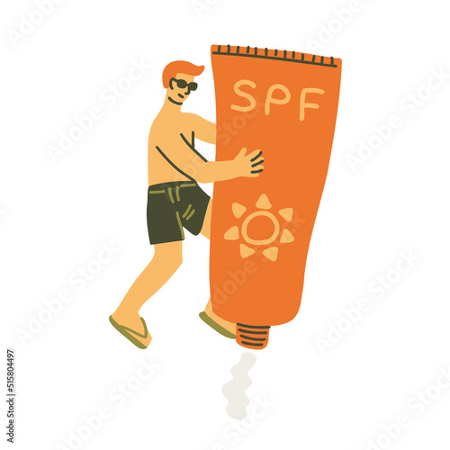 Male character with giant sunscreen tube. Healthy lifestyle, sun protection and summer skin care concept. Cartoon vector illustration
