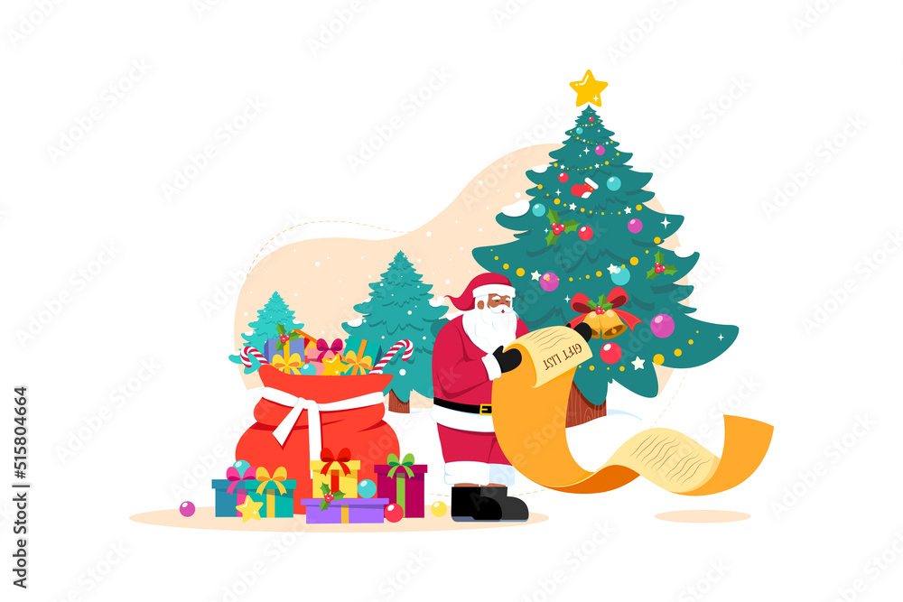 Santa with Christmas gift list flat illustration concept on white background Santa with Christmas gift list flat illustration concept on white background