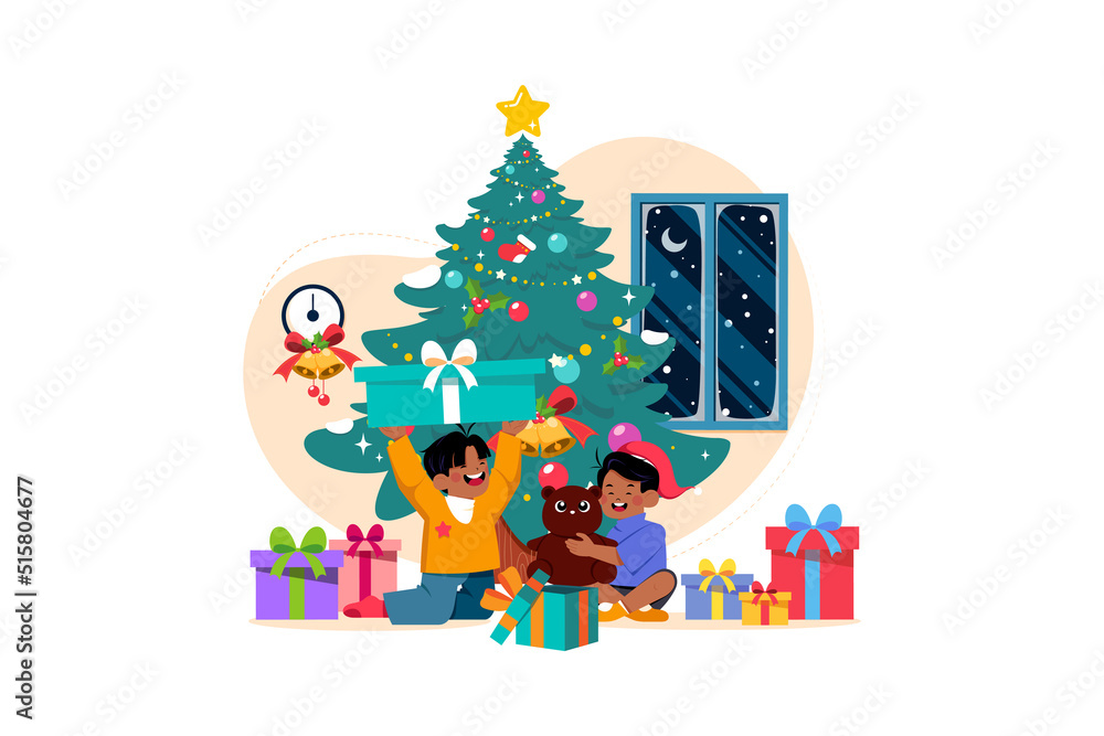 Happy kid with Christmas gifts flat illustration concept on white background Happy kid with Christmas gifts flat illustration concept on white background