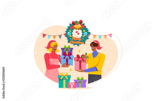 Friends exchanging Christmas presents flat illustration concept on white background