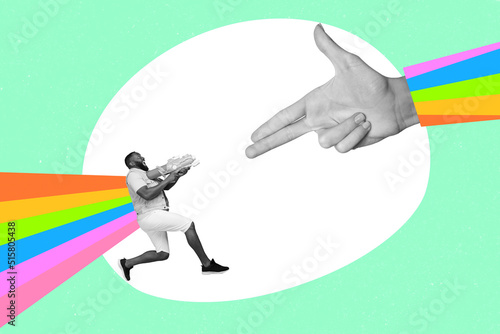 Creative collage image of excited guy hold watergun huge arm fingers show gun gesture black white colors pained rainbow © deagreez