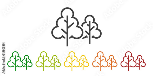 Logo siluetas de árboles geométricos. Vector con líneas en varios colores por las cuatro estaciones