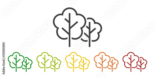 Logo siluetas de árboles geométricos. Vector con líneas en varios colores por las cuatro estaciones