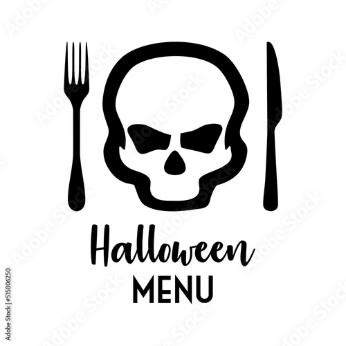 Banner con texto manuscrito Halloween Menu con silueta de calavera con cubiertos. Logo restaurante. Vector en color negro