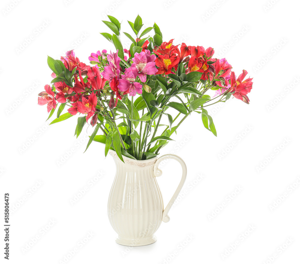 Vase with beautiful alstroemeria flowers on white background
