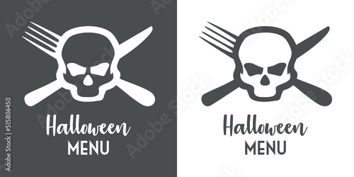 Banner con texto manuscrito Halloween Menu con silueta de calavera con cubiertos en cruz. Logo restaurante. Vector en fondo gris y fondo blanco